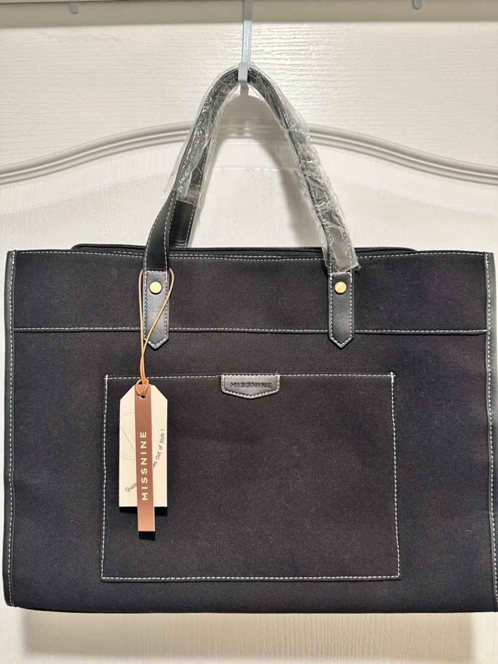 Missnine Black Laptop Canvas Tote Bag with Shoulder Strap - NWT